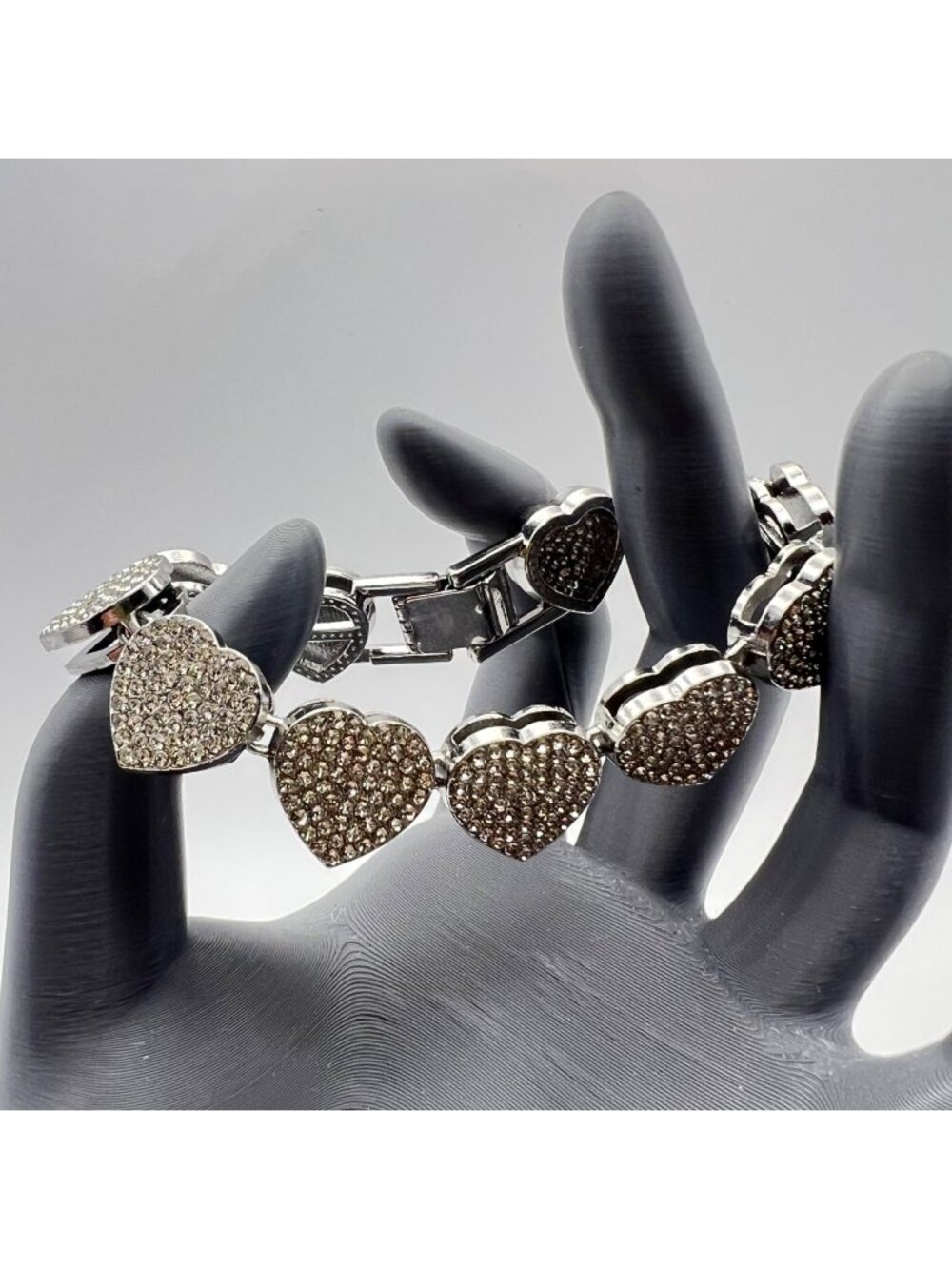 Heart Link Bracelet Pave Rhinestones Silver-Tone 7.75" Romantic Love Layering